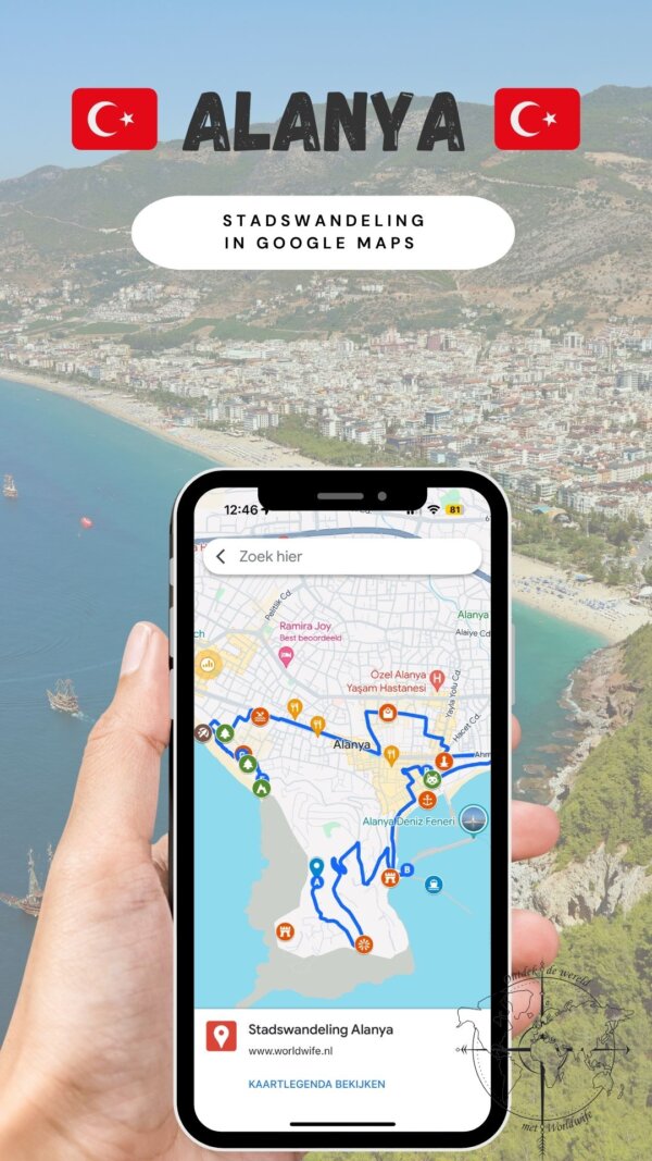 Stadswandeling langs de bezienswaardigheden van Alanya in Google Maps.